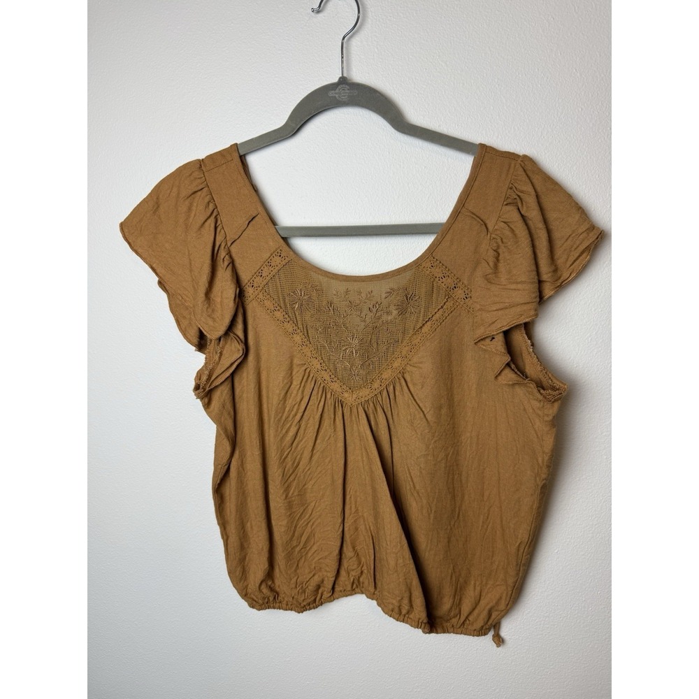 Love on a Hanger Burnt Orange Lace Floral Embroidered Short Sleeve Top M